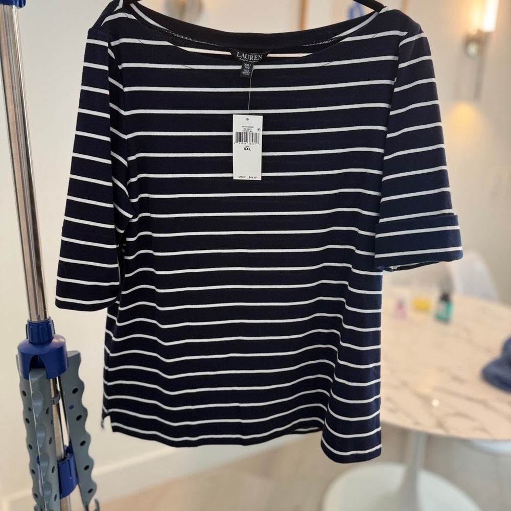 Lauren Ralph Lauren Navy and White Striped Long Sleeve Tee